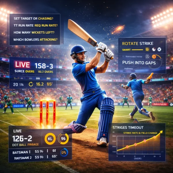 Professional Batting Play strategy in T20 World Cup showing batsman analyzing live score data and rotating strike