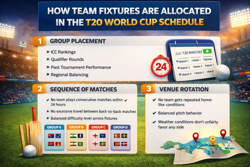 Infographic showing how team fixtures are allocated in the T20 World Cup Schedule