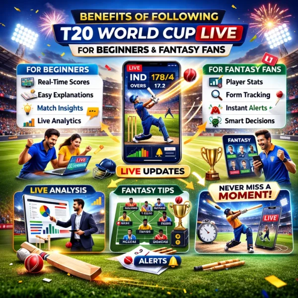 Infographic showing benefits of following T20 World Cup Live including real-time scores fantasy tips and live analysis
