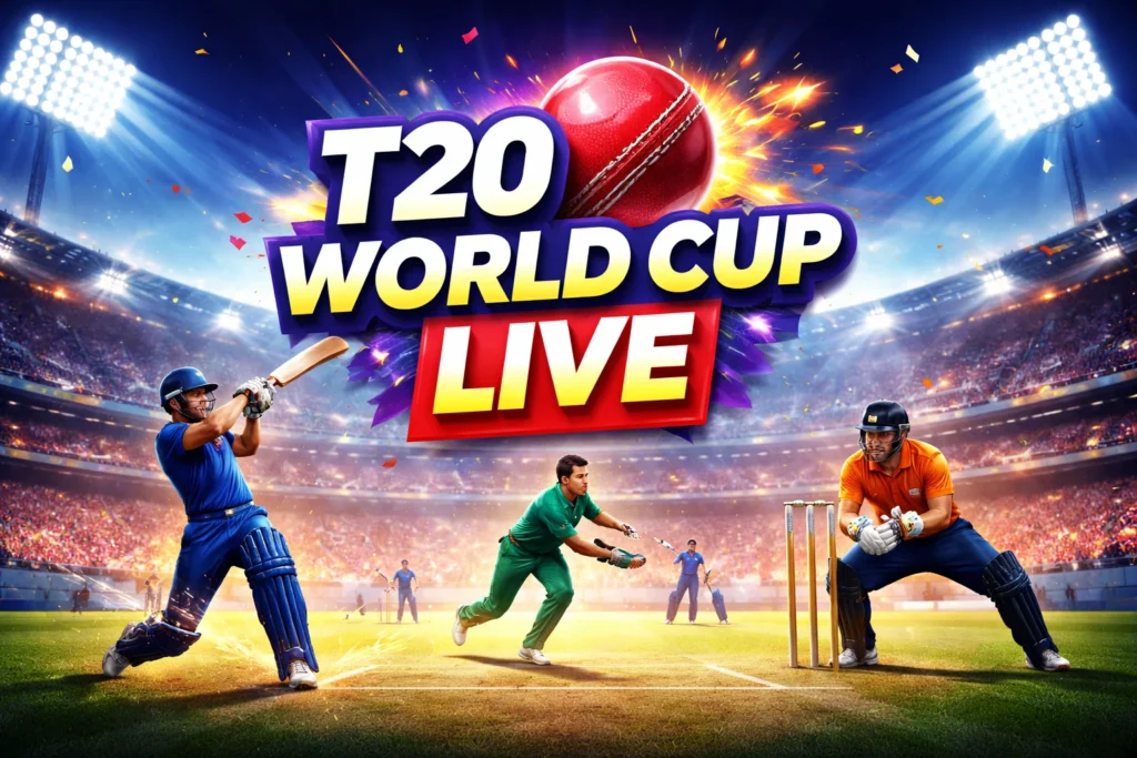 T20 World Cup Live cricket match illustration with players batting bowling and stadium lights during live updates