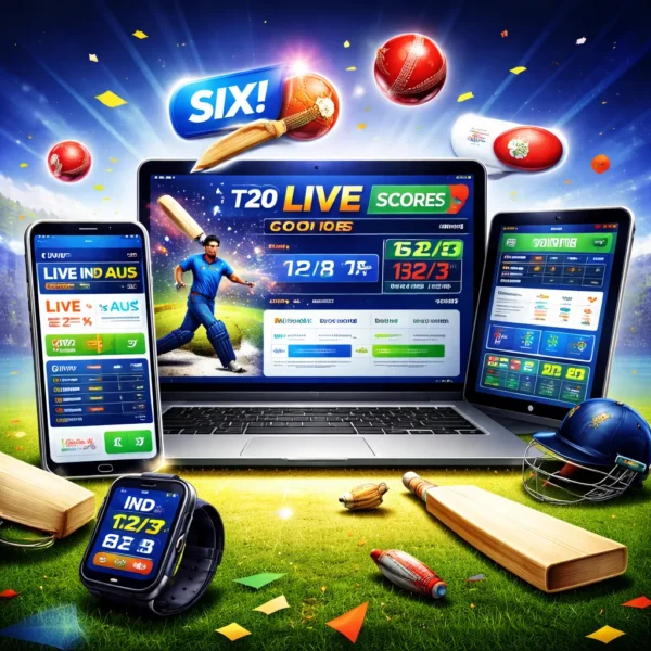 Devices showing T20 World Cup Live scores including mobile laptop and smartwatch displaying real-time cricket match tracking