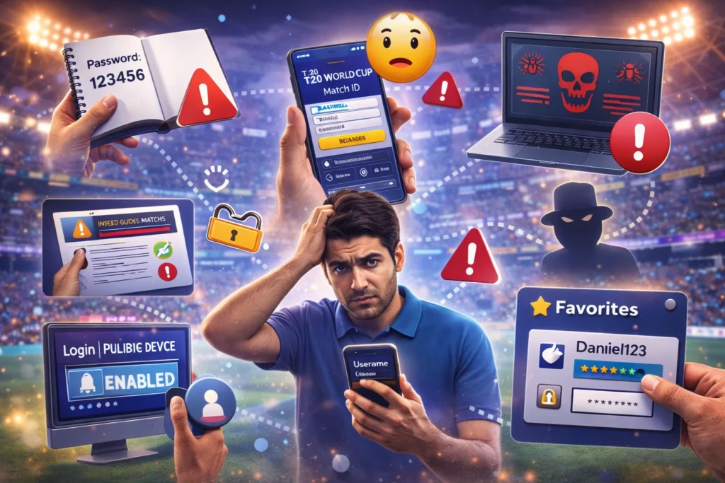 Common mistakes while using T20 World Cup Match ID including weak passwords public login risks and security warning symbols