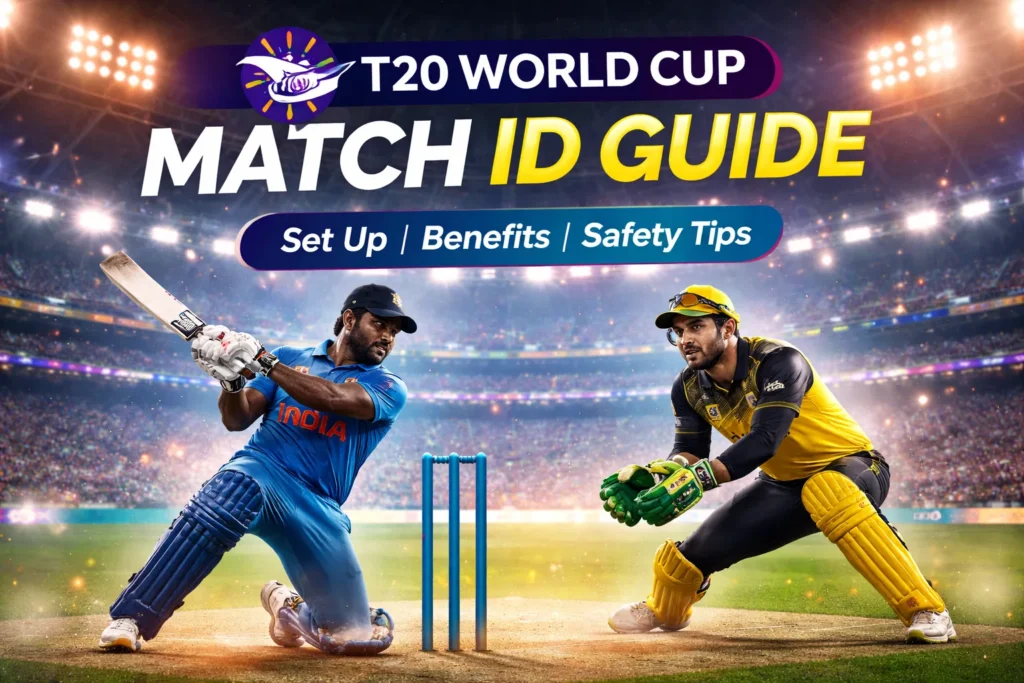 T20 World Cup Match ID cricket platform header showing live cricket players and fast secure match ID system introduction