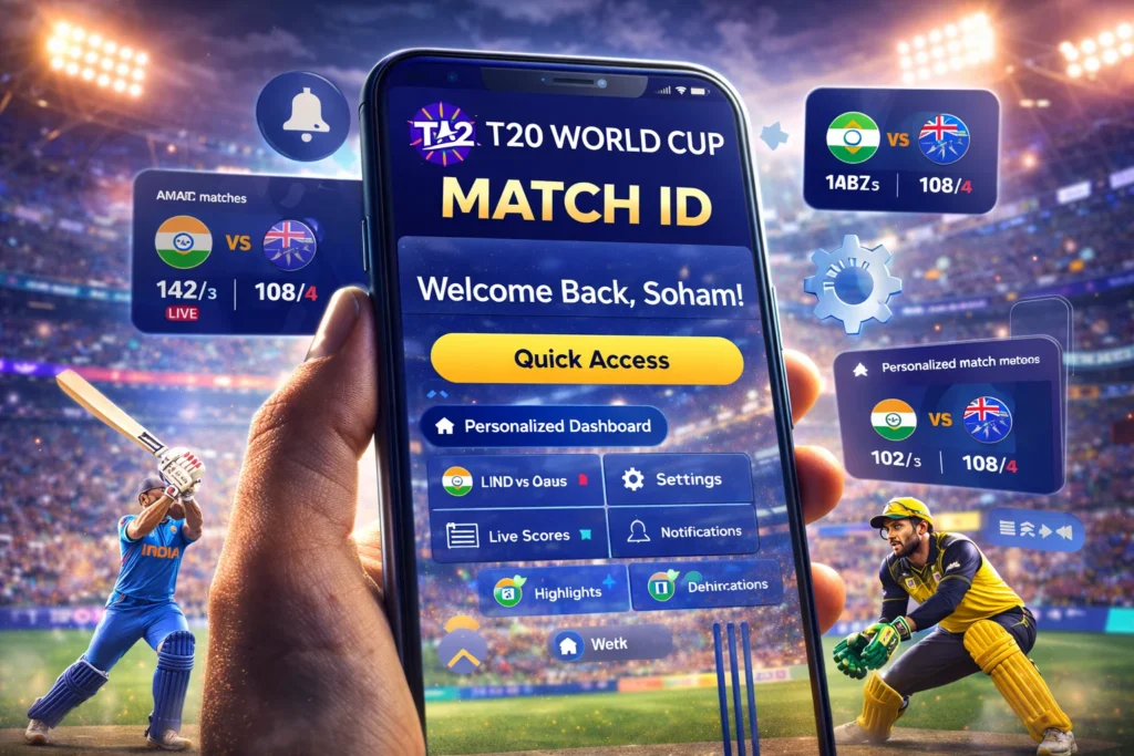 T20 World Cup Match ID personalized dashboard on mobile showing quick access live scores and secure cricket platform features