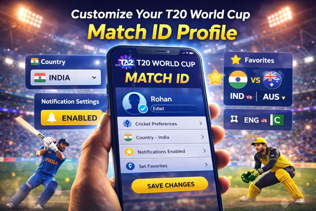 T20 World Cup Match ID profile customization screen showing cricket preferences notifications and personalized match settings