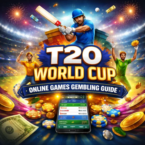 T20 World Cup online games gembling guide with cricket player, live match stats and mobile gaming illustration