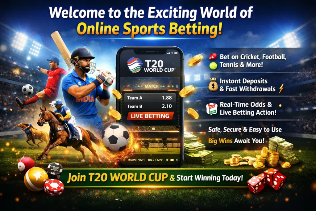 A promotional banner showing T20 World Cup sports betting features with cricket, football, and live betting visuals.