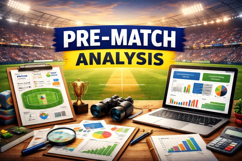 Pre match analysis setup for T20 World Cup Tips with laptop data charts, cricket analytics tools and stadium background