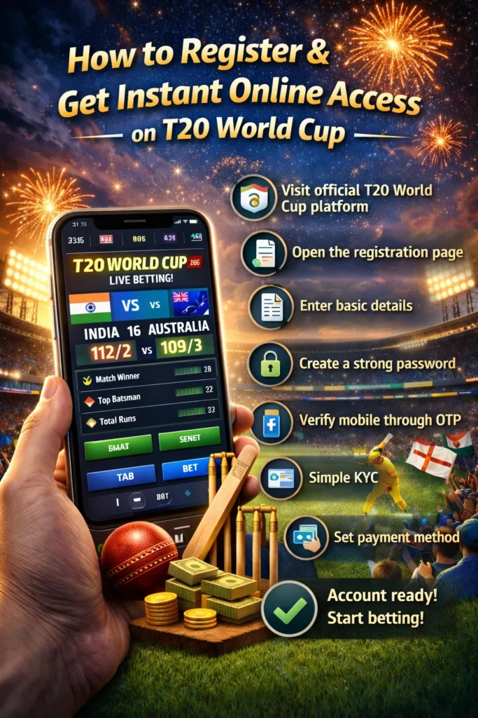 Expert sports betting tips displayed around a T20 World Cup betting app screen and cricket stadium background.