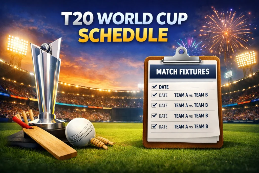 T20 World Cup Schedule graphic with trophy, stadium lights, and match fixtures board