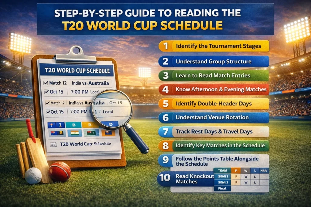 Step-by-step infographic guide explaining how to read the T20 World Cup Schedule