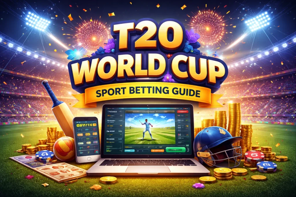 T20 World Cup sport betting guide illustration showing live cricket dashboard and Sport Betting ID concept on Magic Win platform