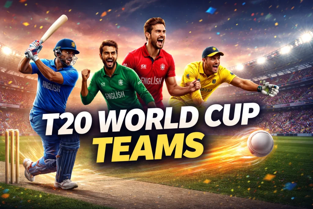T20 World Cup Team banner showing international cricket players representing different teams in a stadium atmosphere