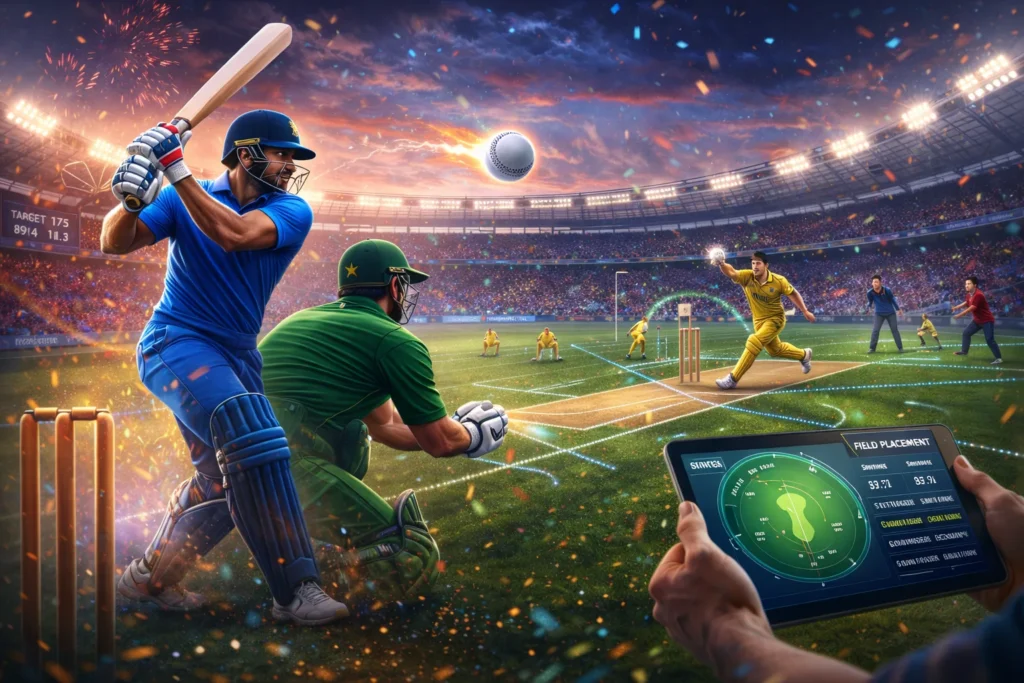 T20 World Cup Team match strategy showing batting action, bowling tactics and field placement analysis