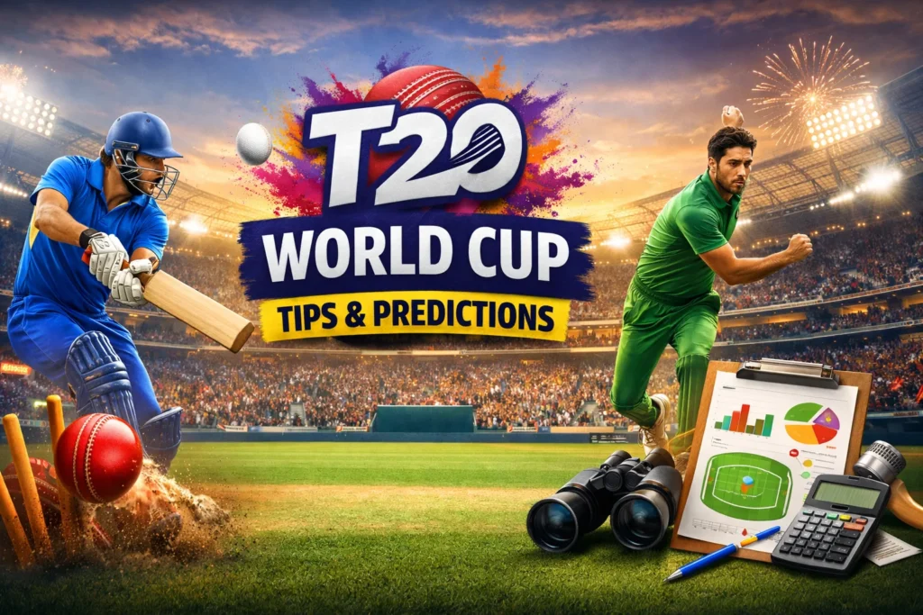 T20 World Cup Tips and predictions concept showing batsman, bowler and cricket strategy analysis in a stadium environment