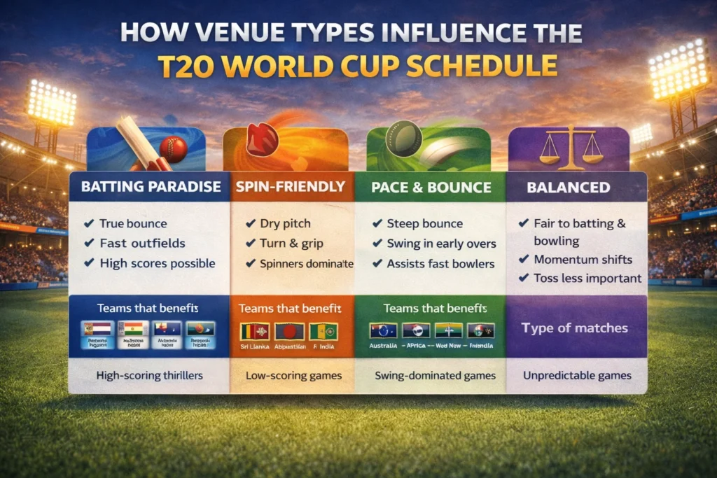 Infographic comparing venue types and how they influence the T20 World Cup Schedule