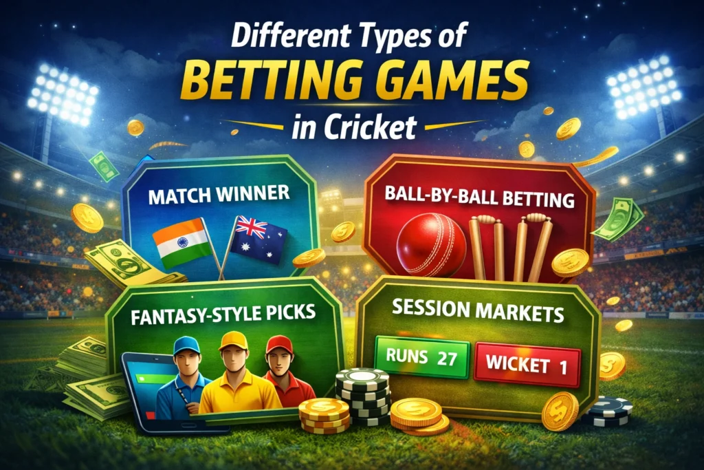 Different types of betting games in cricket with match winner, fantasy picks, ball-by-ball and session markets