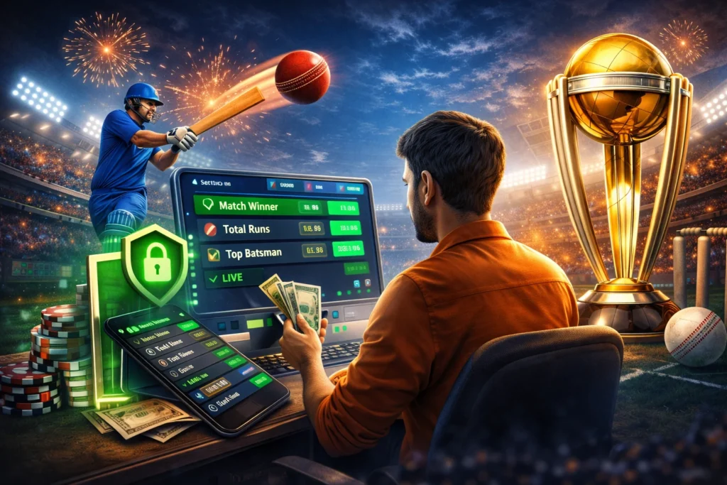 Man using online World Cup betting platform with cricket visuals and trophy