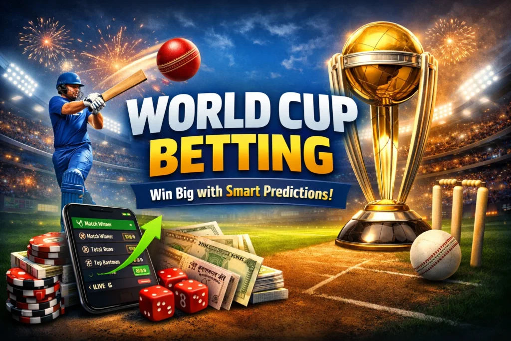 Cricket World Cup betting illustration with trophy, player, money, and betting mobile screen