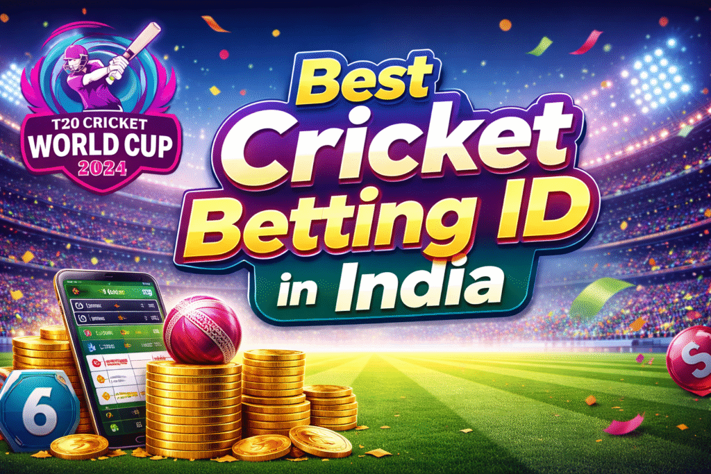 Best Cricket Betting ID in India banner with T20 World Cup 2024 cricket logo and stadium background