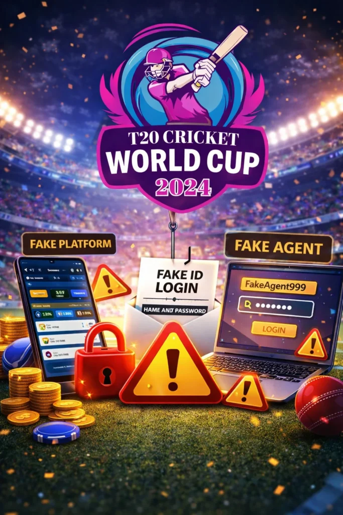 Online Cricket ID Login risks and benefits showing secure login and warning for fake platforms