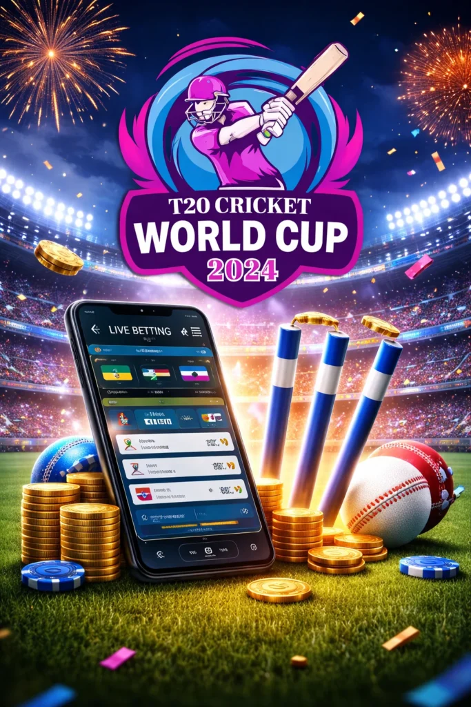 Online Cricket ID Login interface with T20 World Cup 2024 logo and live betting dashboard