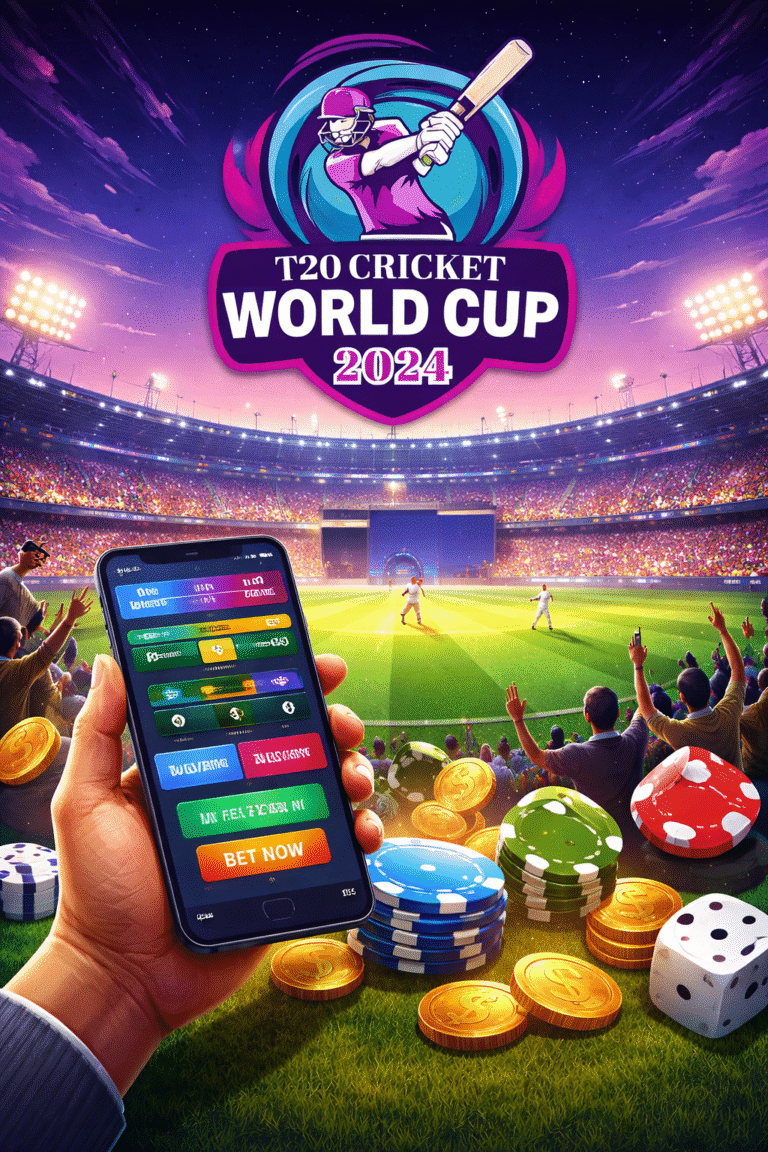 Online Games Gambling during T20 World Cup 2024 cricket stadium betting concept