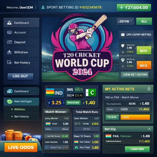 Sport Betting ID dashboard interface on a sports betting platform showing live cricket betting markets and account balance