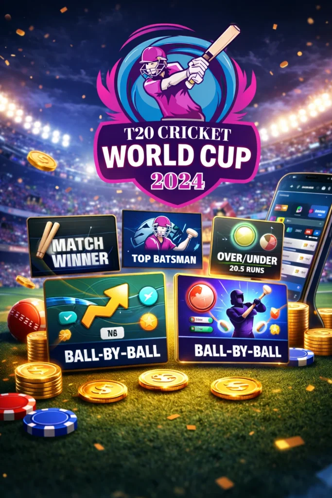 Online Cricket ID Login dashboard showing betting markets like match winner, top batsman and live betting