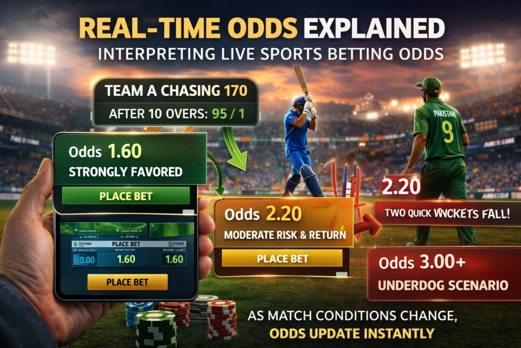 Example of live sports betting odds changing during T20 match after wickets fall