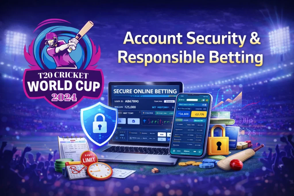 T20 World Cup online betting platform showing account security, deposit limits, and responsible betting controls with Sport Betting ID