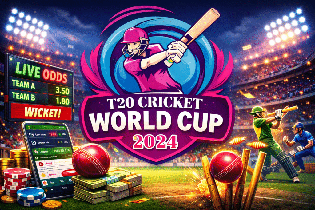 T20 World Cup 2024 logo with live cricket betting interface and odds display