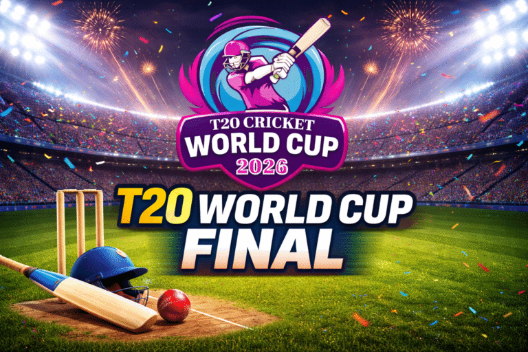 T20 World Cup Final stadium scene with cricket logo and fireworks celebration