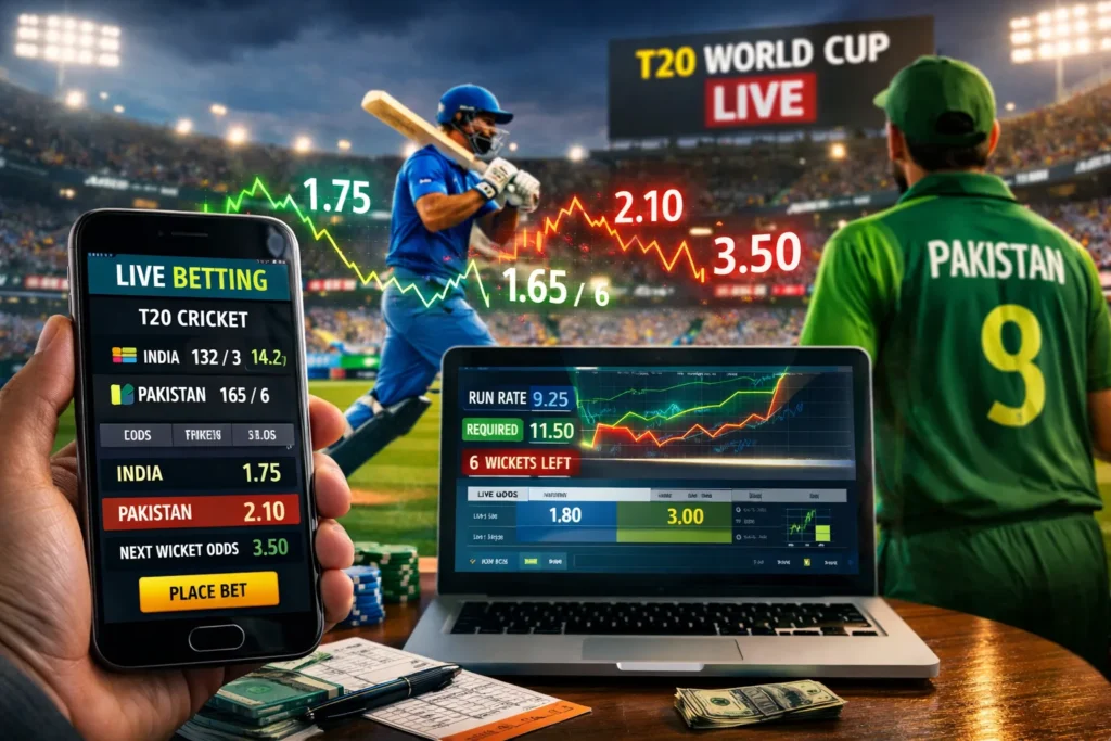 Live sports betting during T20 World Cup match showing real-time odds on mobile and laptop screen
