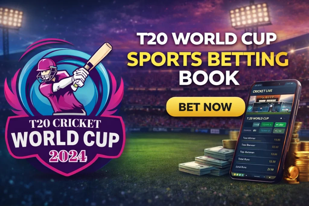 T20 World Cup sports betting book platform showing live cricket odds and mobile betting interface with cricket stadium background