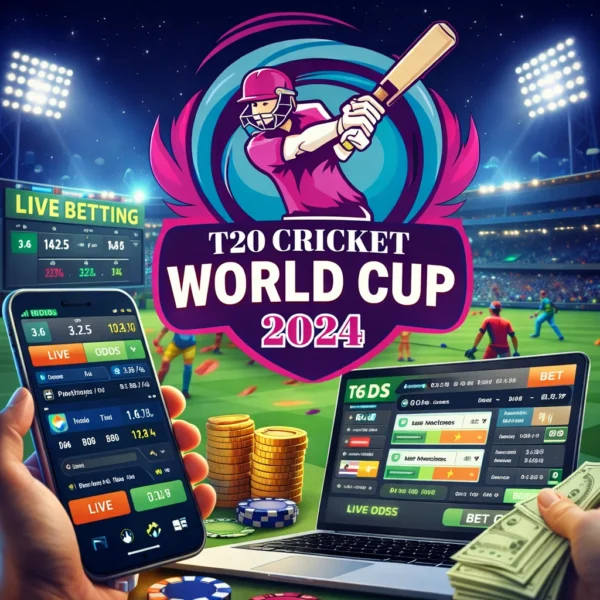 T20 World Cup 2024 sports betting platform showing live cricket betting odds and match insights on mobile and laptop