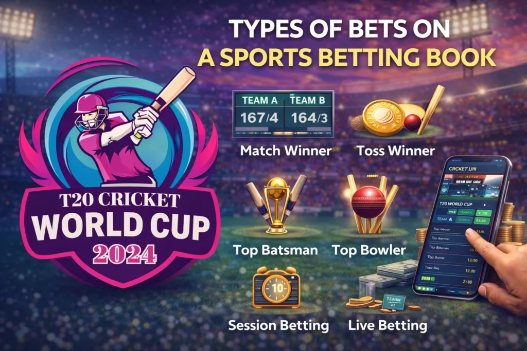 Different types of cricket bets on sports betting book including match winner toss winner top batsman session betting and live betting